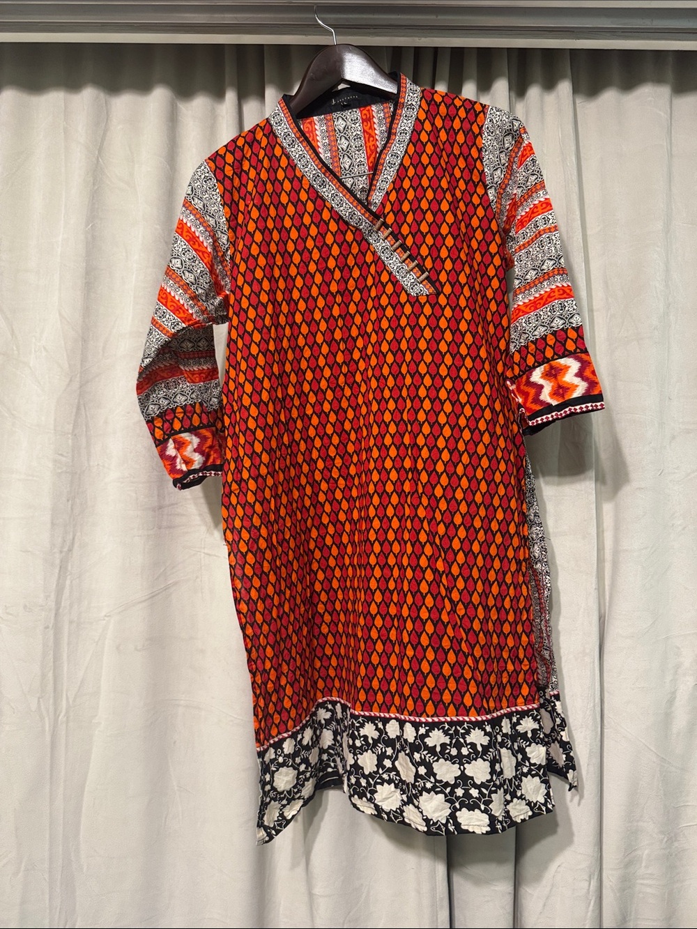 Women's Orange Printed Kurta Tunic with Contrast Trim